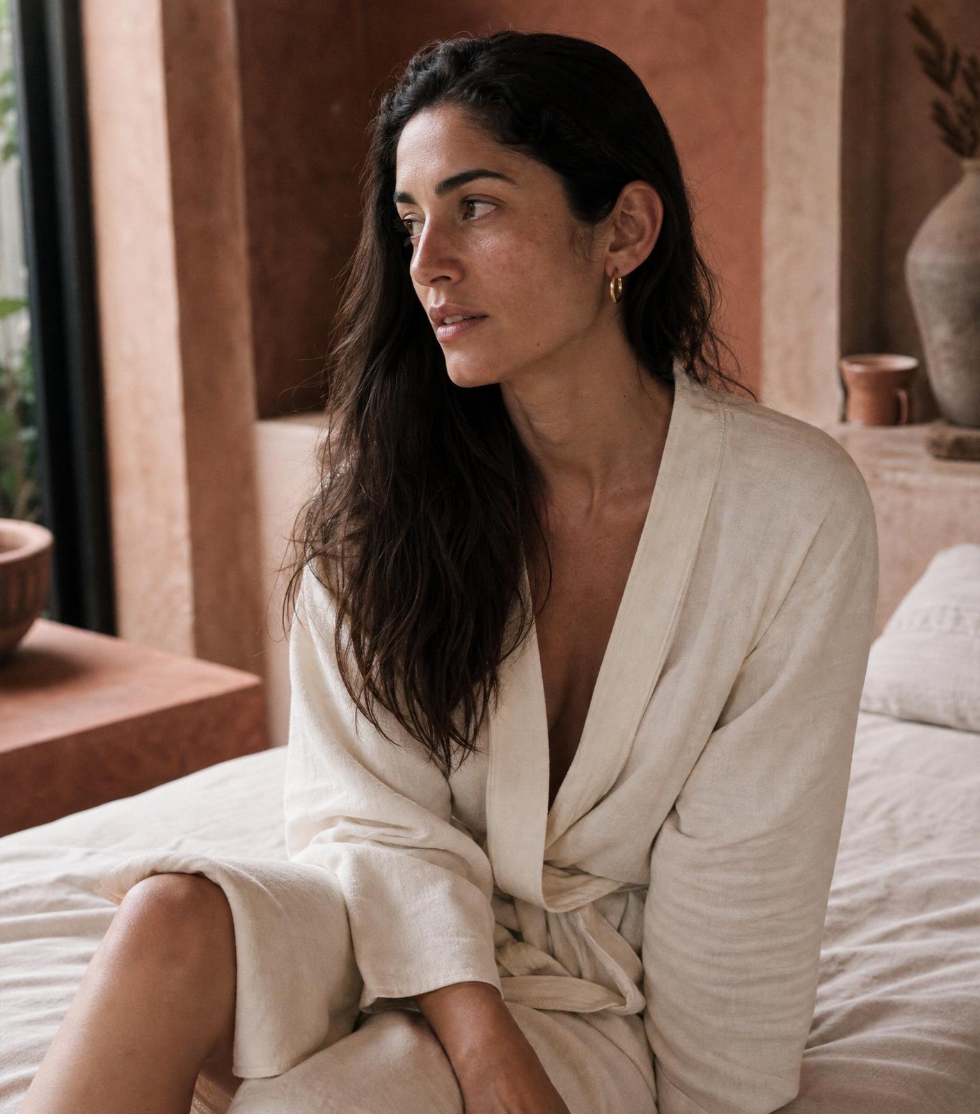 Guest relaxing in a cream silk robe in the Wax by Proki studio